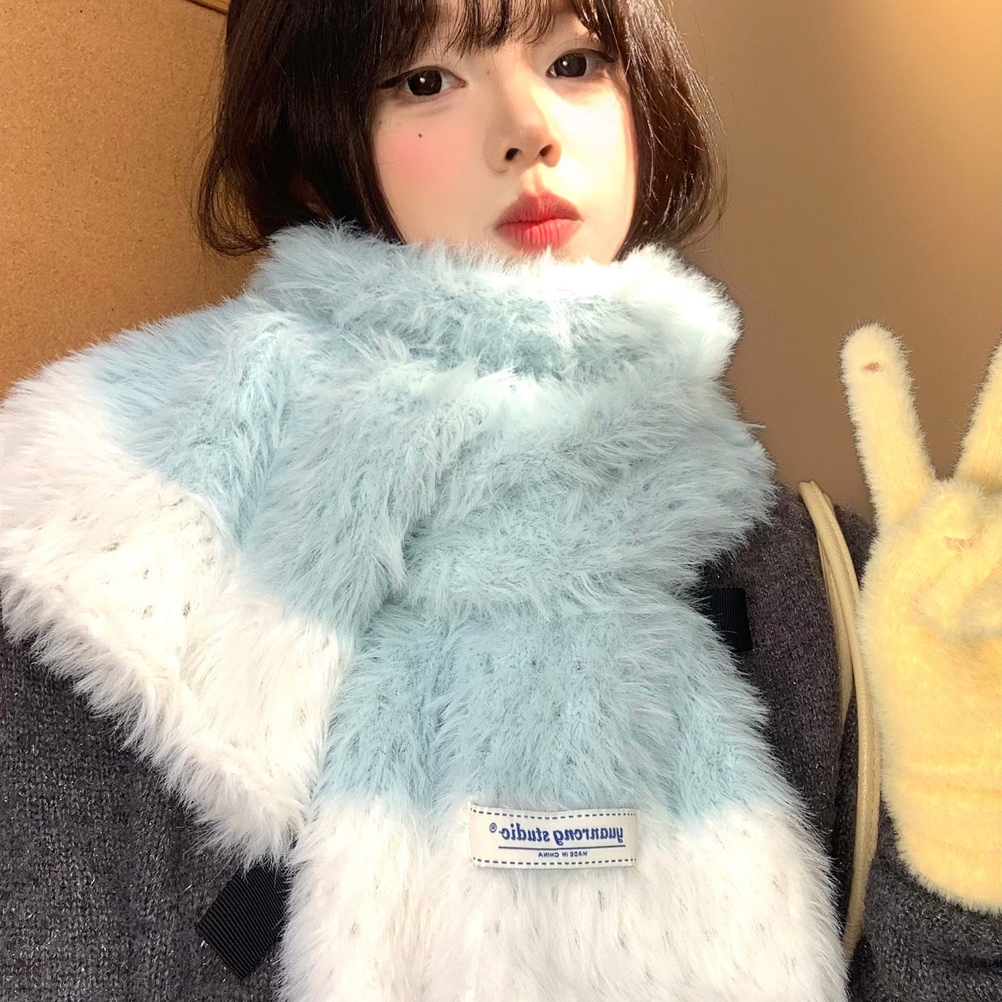 蓝色拼接毛绒针织围巾女冬季韩系氛围感加绒加厚保暖防寒护颈围脖