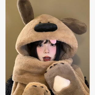 耳朵会动小狗帽子围巾一体女冬季可爱毛绒加厚防寒保暖手套三件套