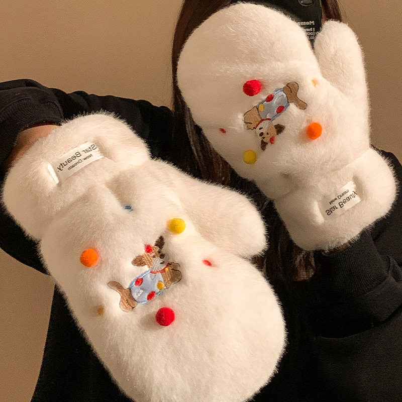 可爱糖豆腊肠狗毛绒手套女冬季加绒加厚保暖防寒骑行防风挂脖全包