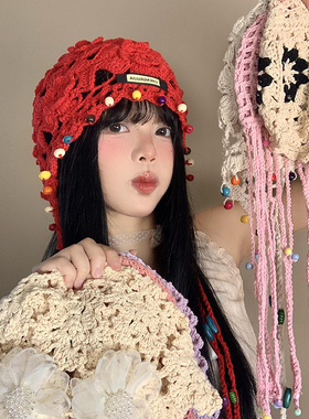 波西米亚花朵流苏包头帽女夏季镂空民族风套头帽复古红色川西帽子