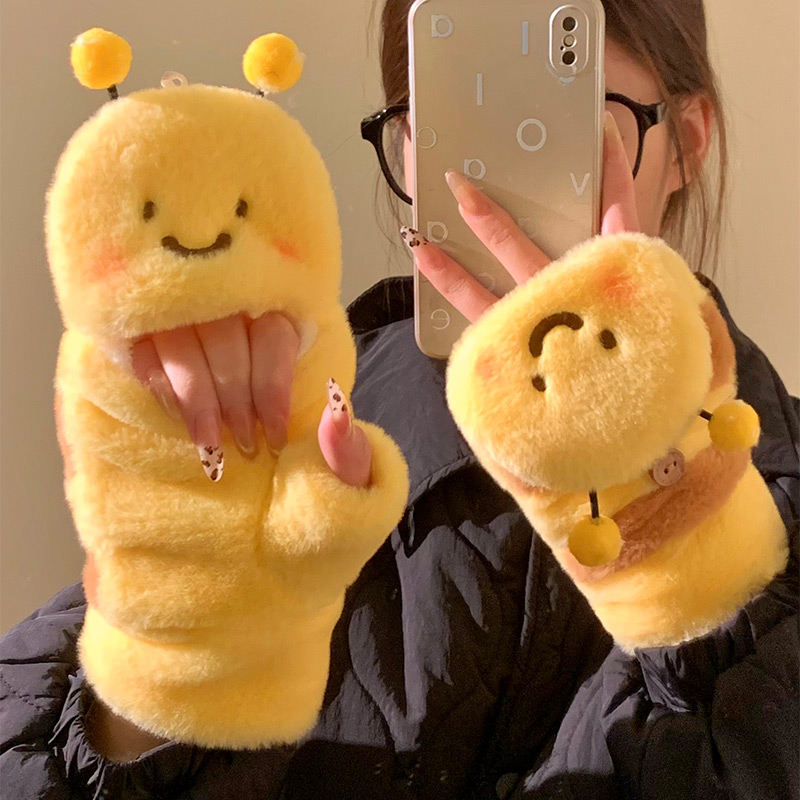 可爱小蜜蜂毛绒半指翻盖手套