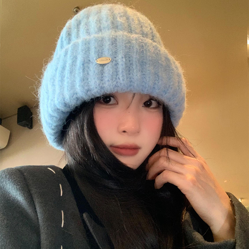 韩系蓝色针织毛线帽女冬季百搭