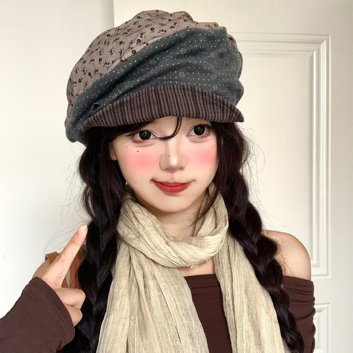 撞色碎花拼色贝雷帽女春秋日系复古文艺八角帽显脸小报童画家帽子