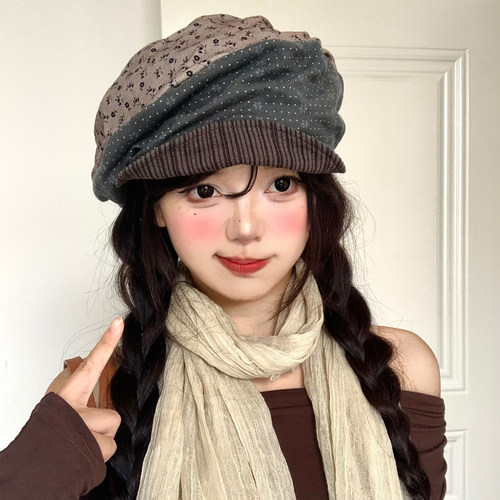 撞色碎花拼色贝雷帽女春秋日系