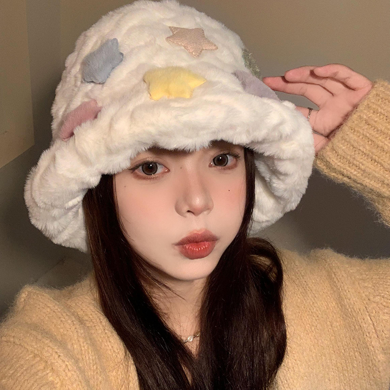彩色星星渔夫帽女秋冬季韩版加厚保暖毛绒帽日系大头围显脸小帽子