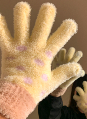 黄色波点毛线手套女冬可爱毛绒针织加绒加厚防寒保暖骑车骑行触屏