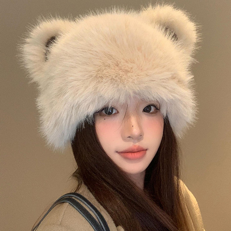可爱小熊耳朵毛绒帽女冬季百搭
