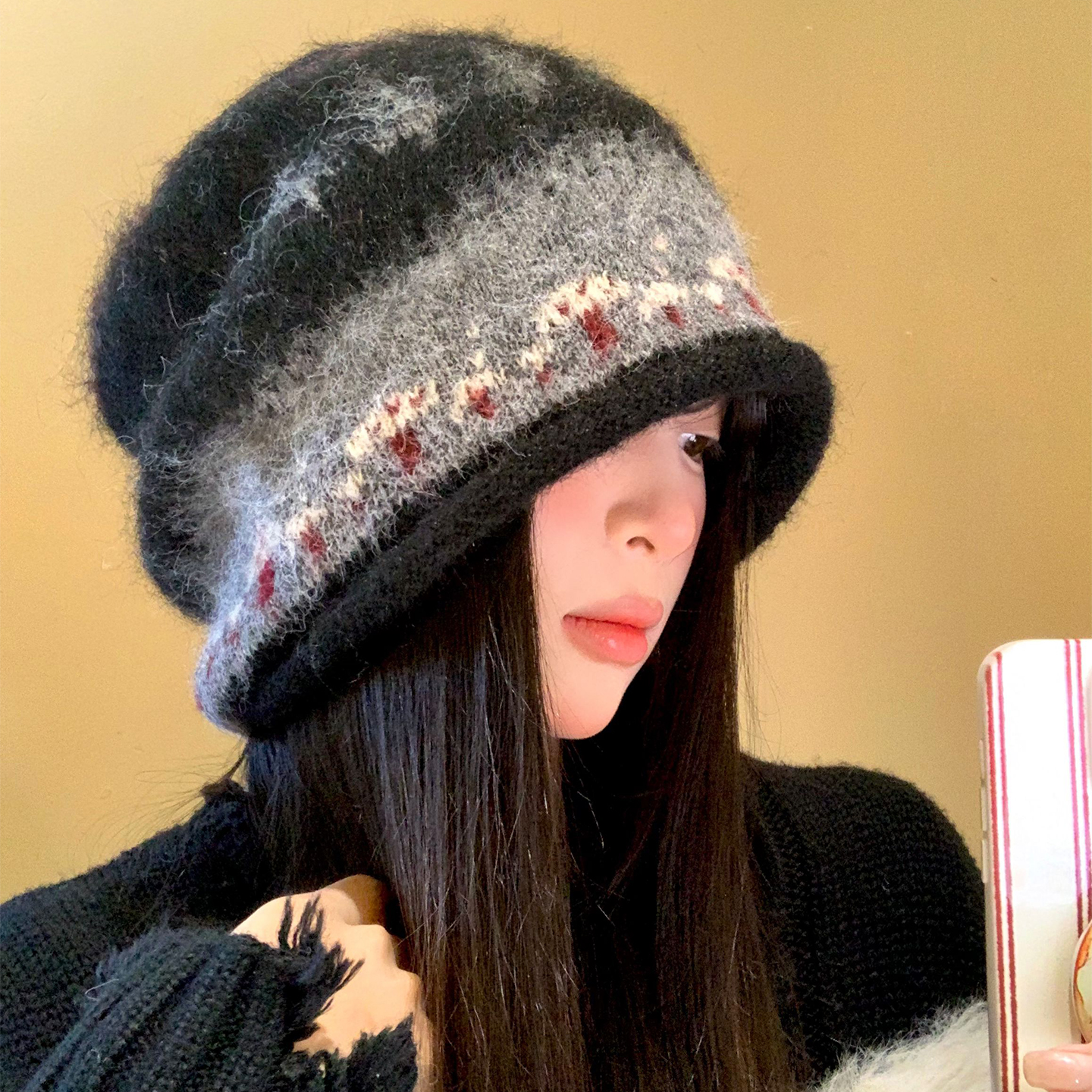 费尔岛风卷边针织堆堆帽复古百搭