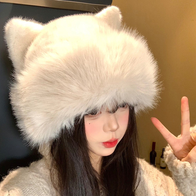 可爱白色猫耳朵毛绒帽冬季显脸小