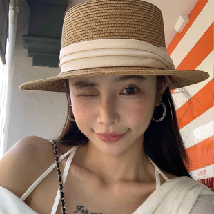 法式 海边沙滩度假风太阳帽子优雅遮阳防晒礼帽 复古平顶草帽女夏季
