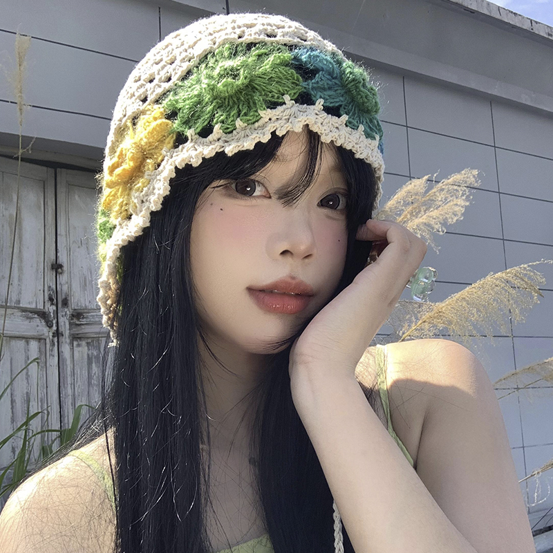 彩色花朵流苏镂空针织包头帽薄款
