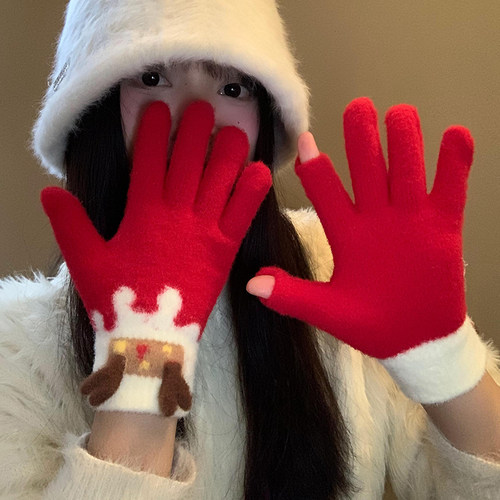 红色圣诞新年小鹿手套可触屏