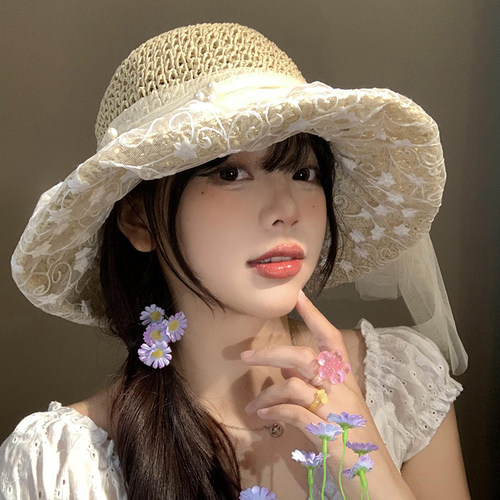 蕾丝花朵蝴蝶结编织草帽法式海边