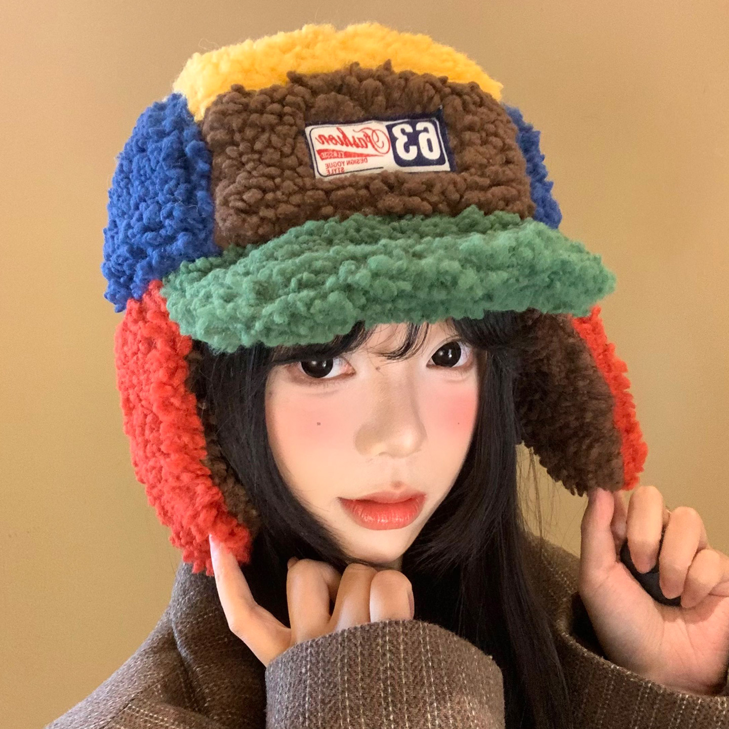 可爱泡芙蛙羊羔毛绒飞行帽女秋冬拼色显脸小保暖加厚护耳雷锋帽子