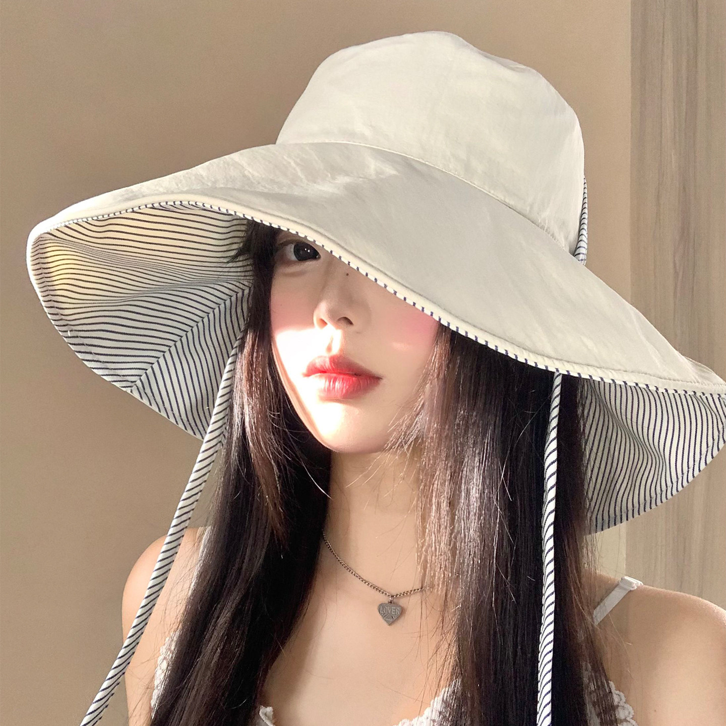 双面可戴条纹渔夫帽女夏季透气大帽檐遮阳防晒帽户外出游太阳帽子
