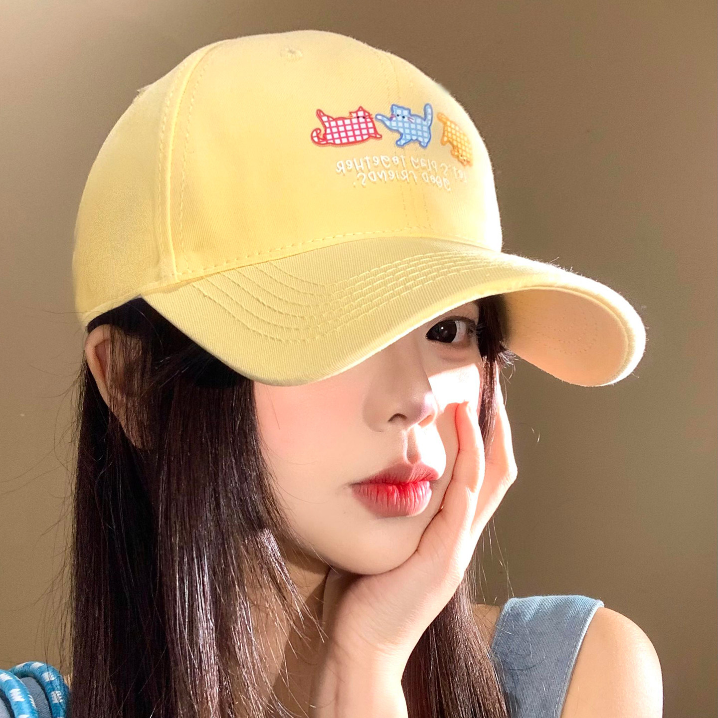 卡通刺绣棒球帽女韩版百搭显脸小黄色鸭舌帽宽帽檐大头围硬顶帽子