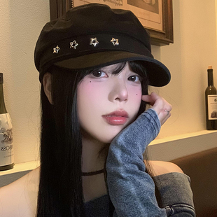 星星黑色贝雷帽女秋季 大头围显脸小平顶海军帽英伦风复古报童帽子