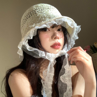 蕾丝飘带镂空草帽女夏季 海边沙滩度假遮阳防晒帽草编水桶帽子 法式