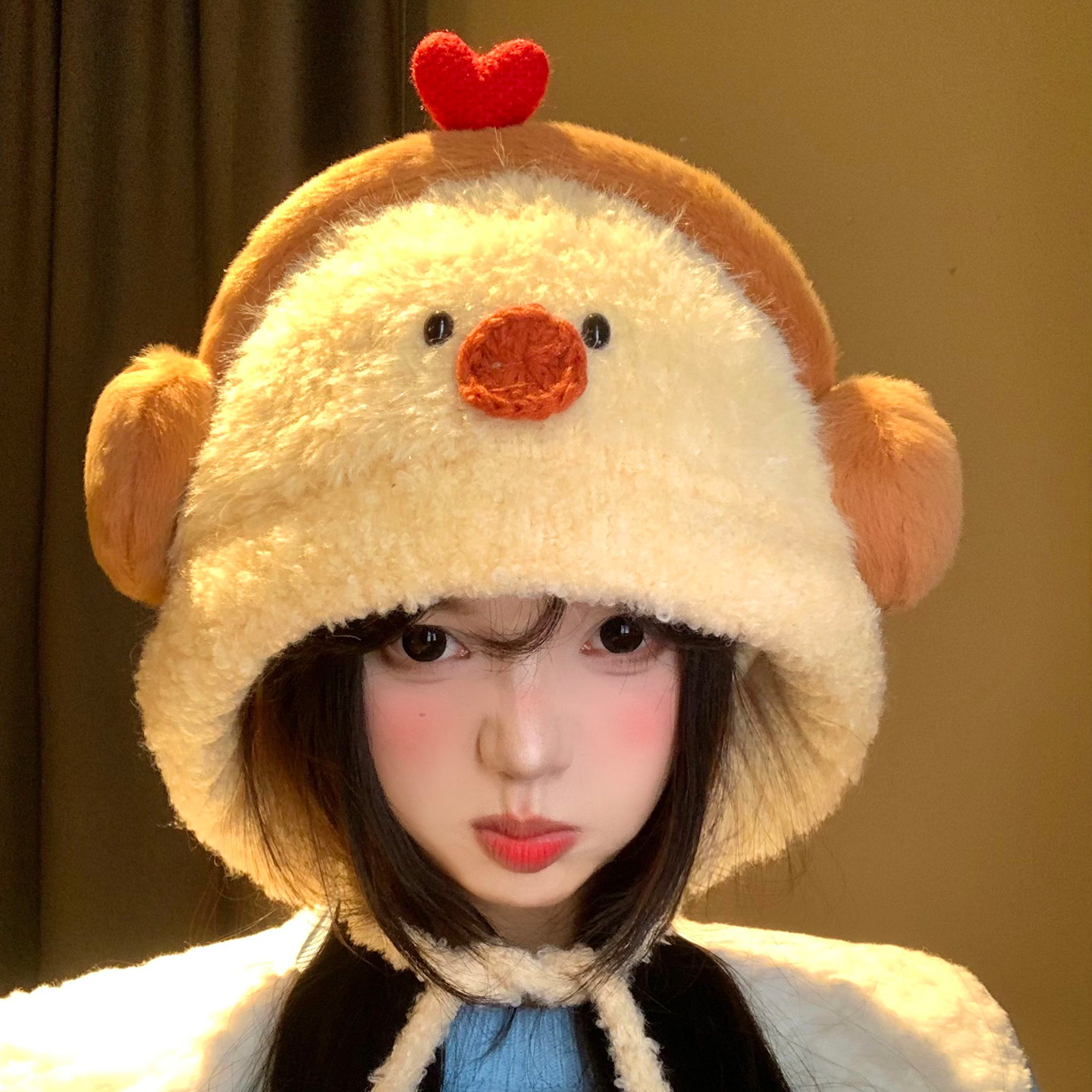 甜美可爱小黄鸡毛绒针织护耳帽