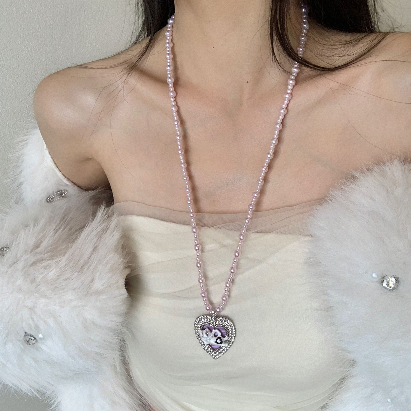 千禧水钻猫咪珐琅紫色珍珠项链