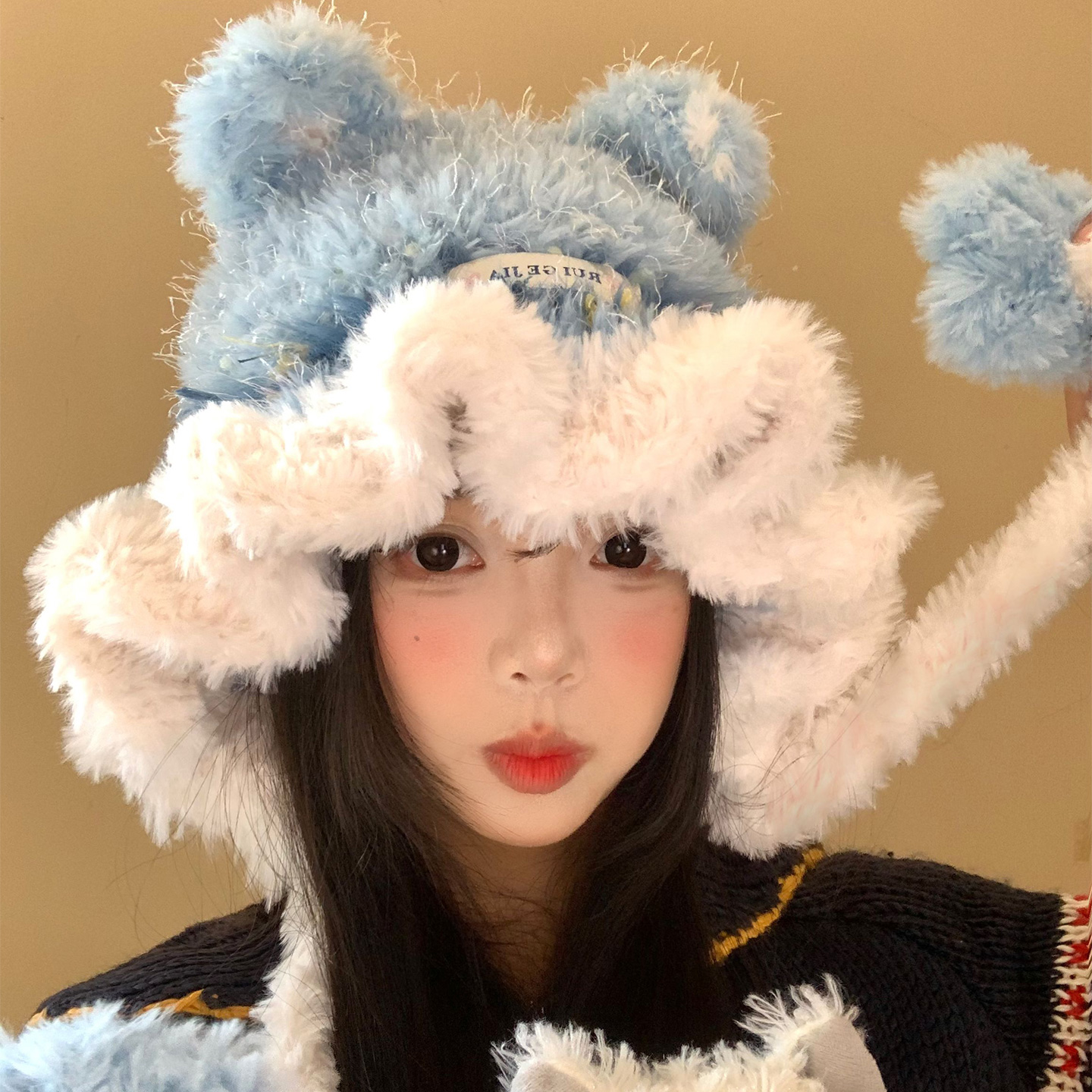 可爱猫耳朵毛绒针织帽女秋冬季