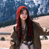 川西旅游紅色流蘇球針織包頭帽子