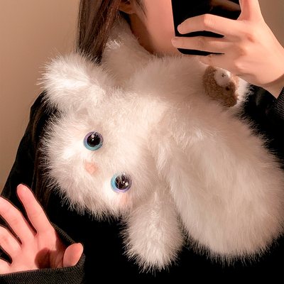 可爱白色小兔子毛绒交叉小围巾女