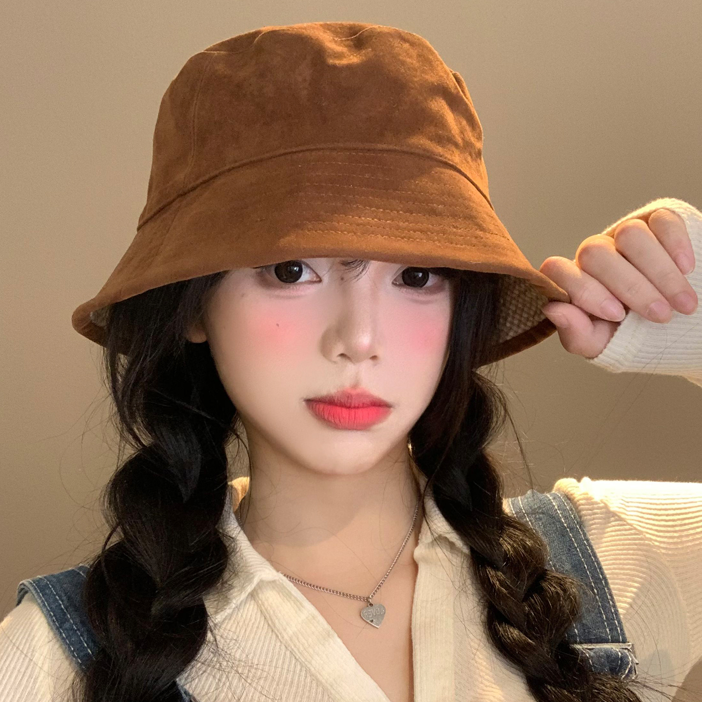 麂皮绒格纹双面渔夫帽美拉德复古