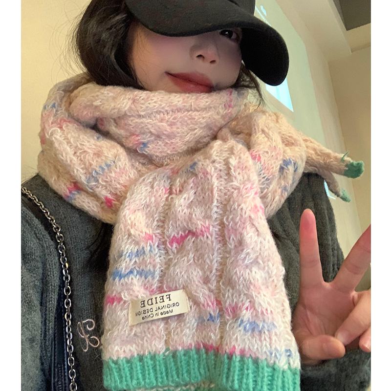 粉色麻花针织毛线围巾女冬季2023新款韩版高级感加厚保暖围脖学生