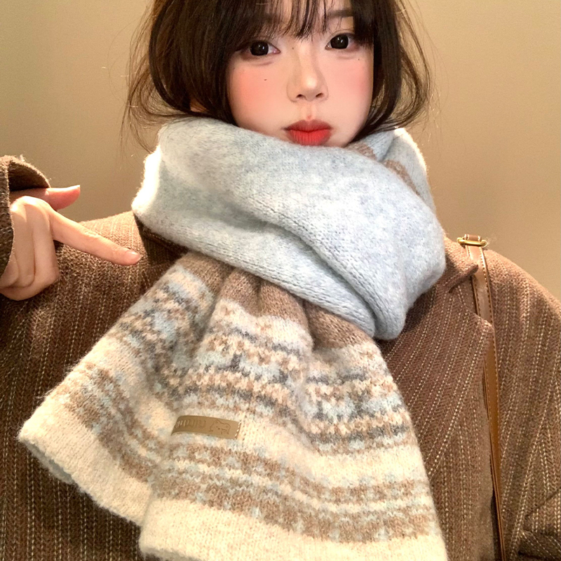 蓝色针织毛线围巾女冬季费尔岛风提花氛围感加厚保暖防寒护颈围脖