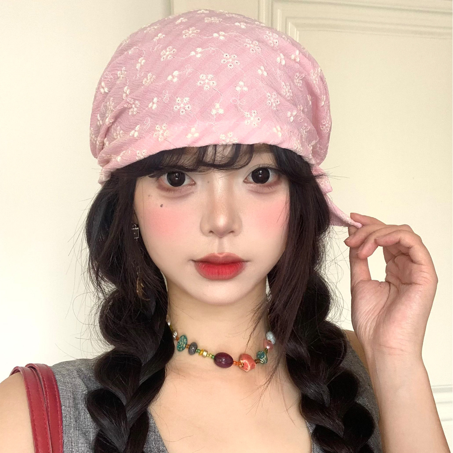 粉色碎花头巾帽子女薄款户外出游显脸小包头帽日系时髦套头帽冷帽