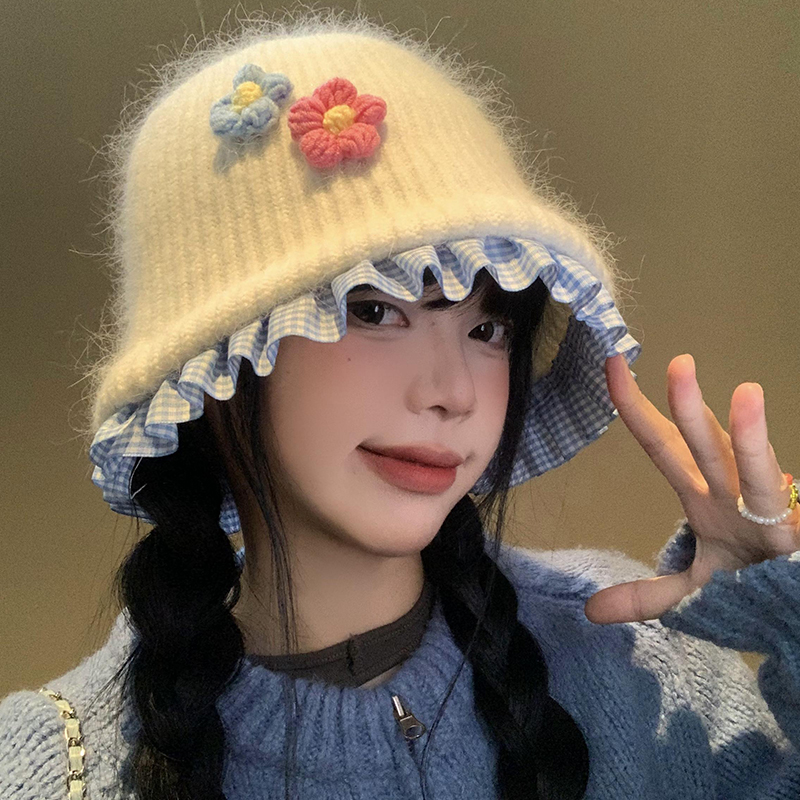 花朵针织毛绒渔夫帽秋冬韩系帽子