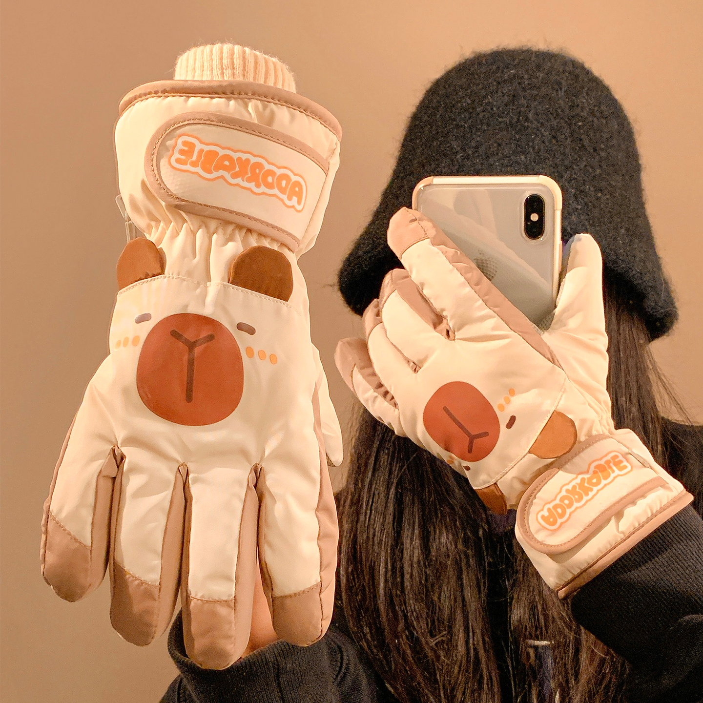 卡皮巴拉骑行滑雪手套女加绒加厚