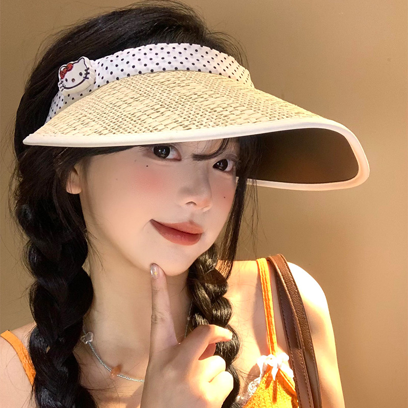 可爱Kitty猫草编空顶帽防紫外线
