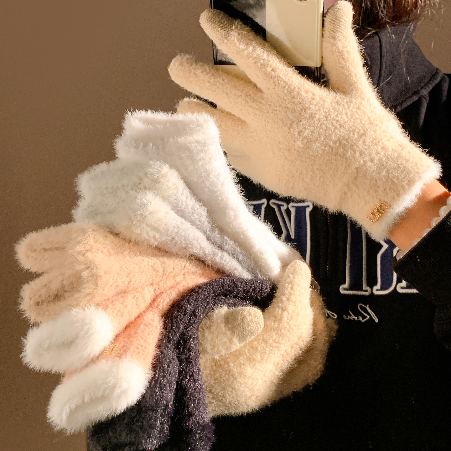 毛绒针织毛线分指手套女冬季触屏