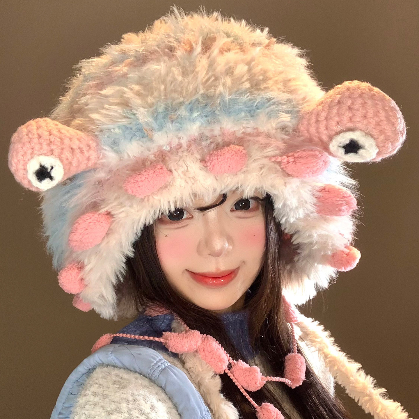 可爱粉色小怪兽毛绒针织帽女秋冬季显脸小护耳毛线帽保暖包头帽子