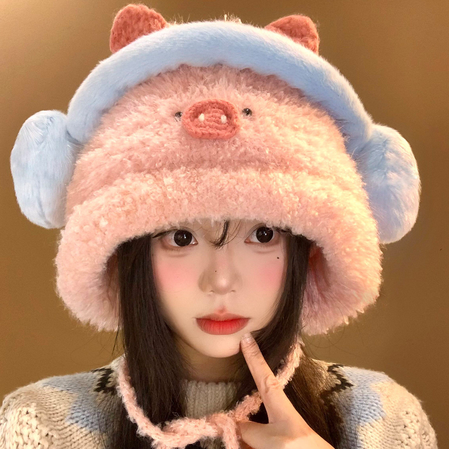 可爱粉色小猪毛绒针织护耳帽女冬