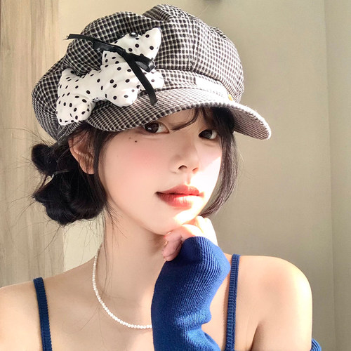 可爱波点小狗格纹贝雷帽显脸小