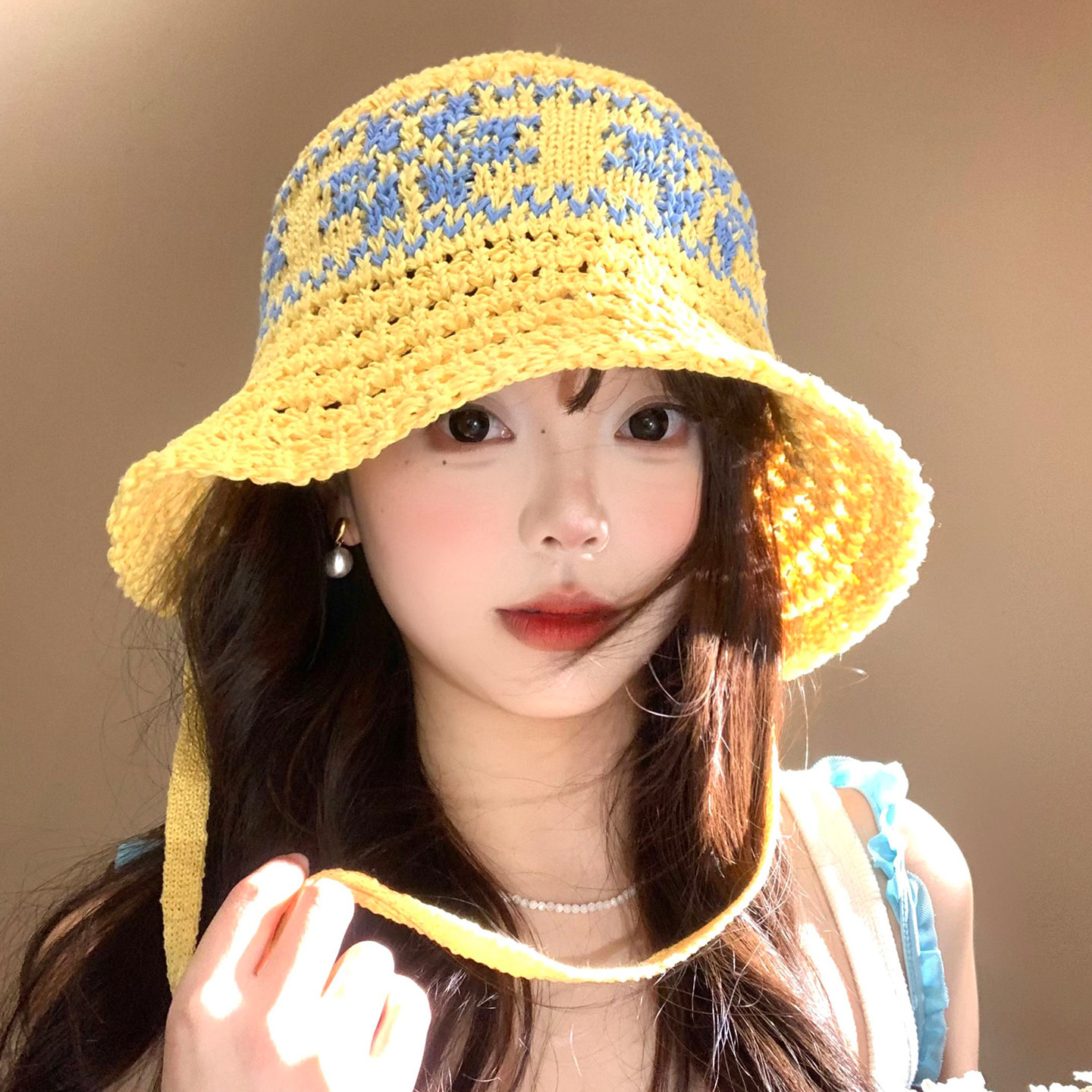 黄色针织绑带渔夫帽女春夏大檐图片