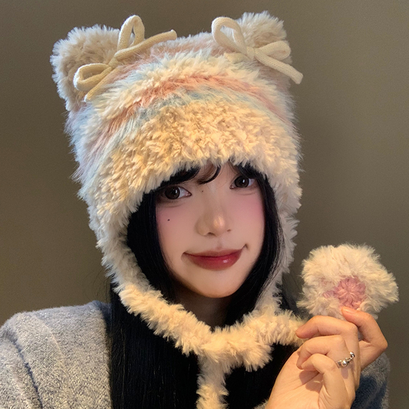 蝴蝶结猫耳朵毛绒帽显脸小毛线帽