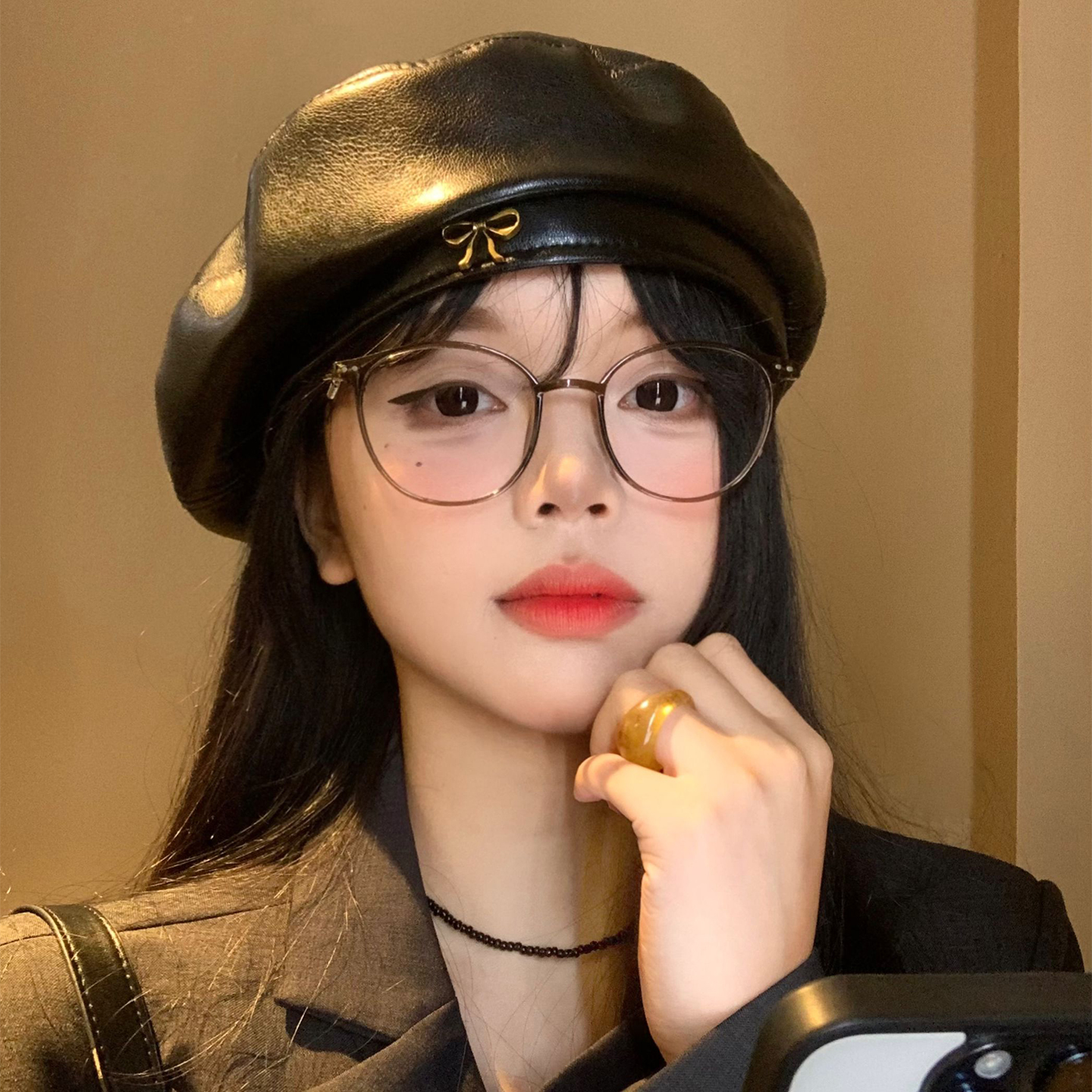 蝴蝶结pu皮质贝雷帽女英伦风复古