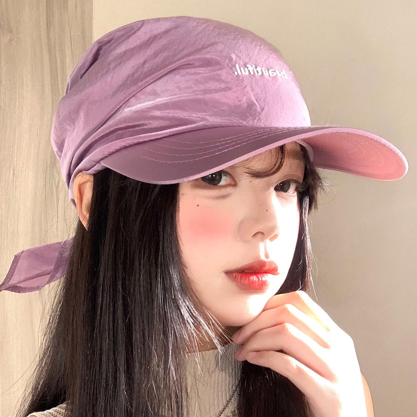 小众紫色字母头巾帽子女夏季轻薄透气鸭舌帽时髦显脸小遮阳棒球帽