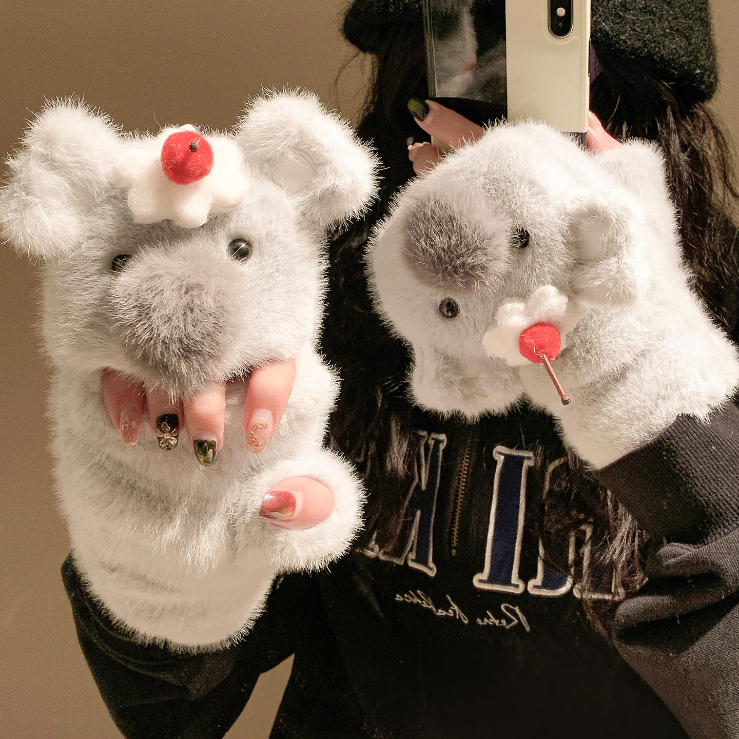 可爱蛋糕考拉翻盖半指毛绒手套女