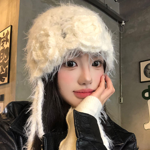 手工钩花流苏毛绒针织帽女冬季