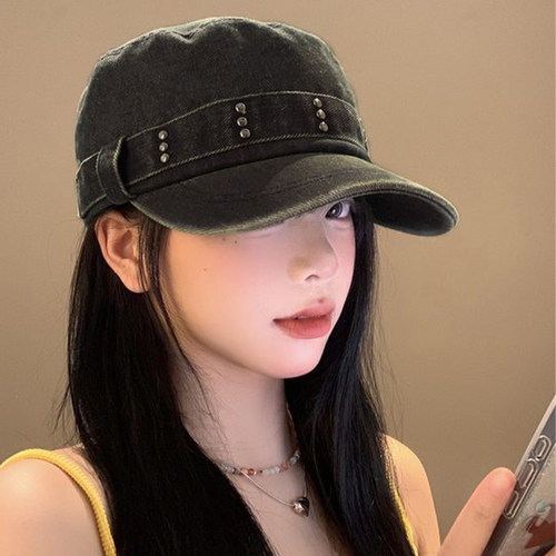 水洗牛仔铆钉平顶鸭舌帽显脸小