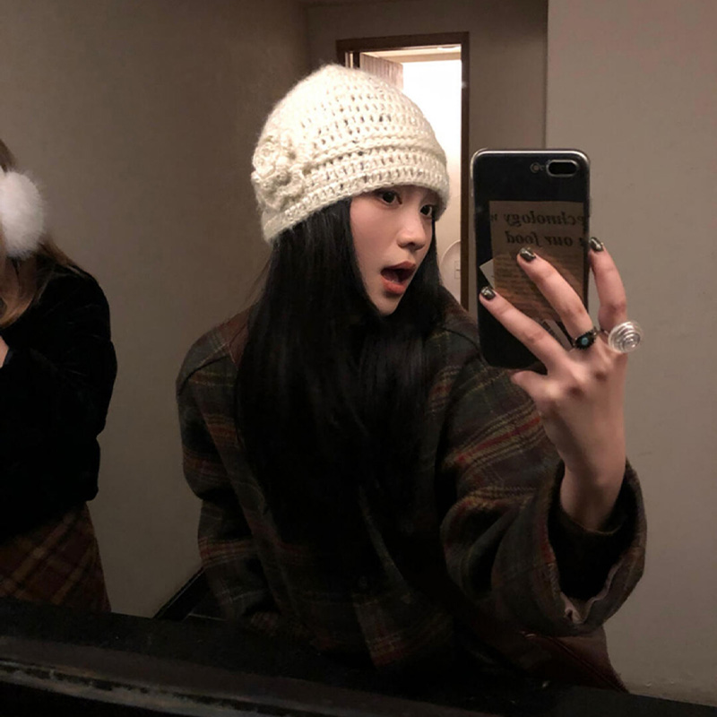 细闪花朵镂空针织包头帽子气质