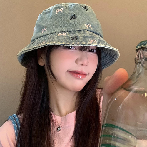 水洗做旧蝴蝶结牛仔渔夫帽大头围