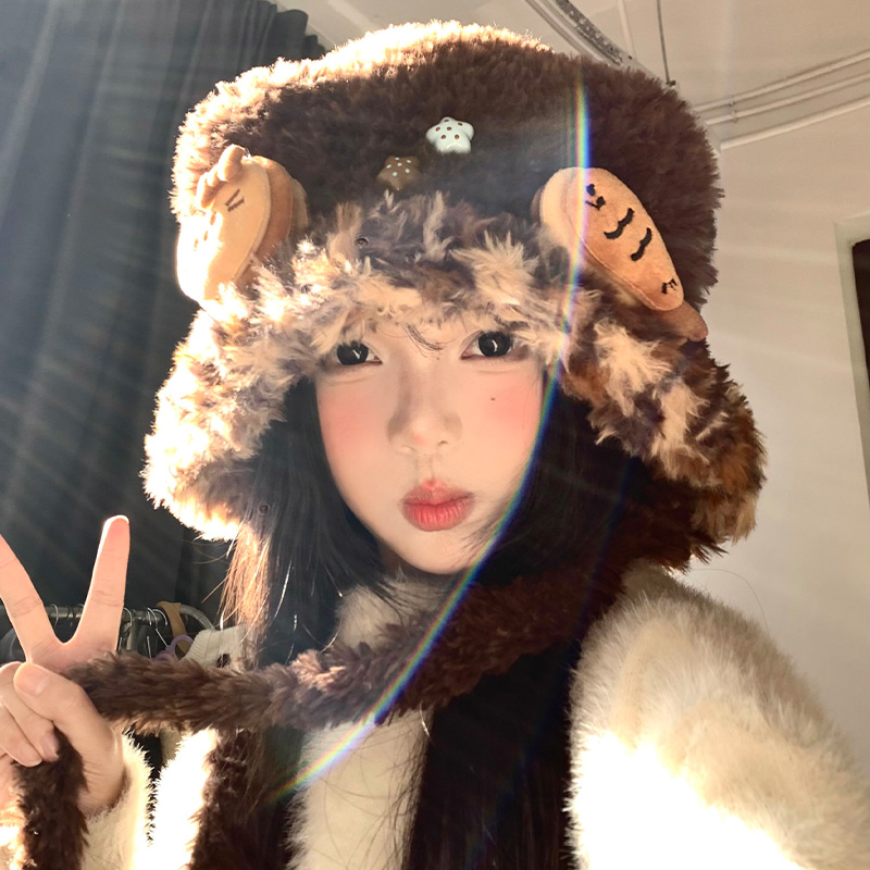 可爱小鱼猫咪耳朵毛绒护耳帽女冬