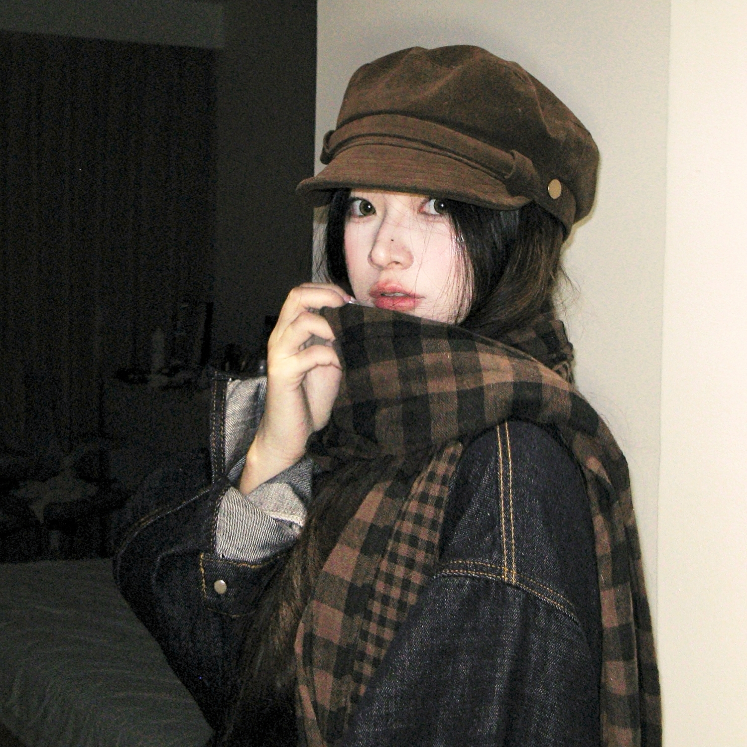 麂皮绒平顶贝雷帽女美拉德复古