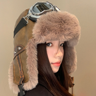 复古PU皮飞行帽女冬季加绒加厚保暖护耳滑雪帽防寒东北雷锋帽子